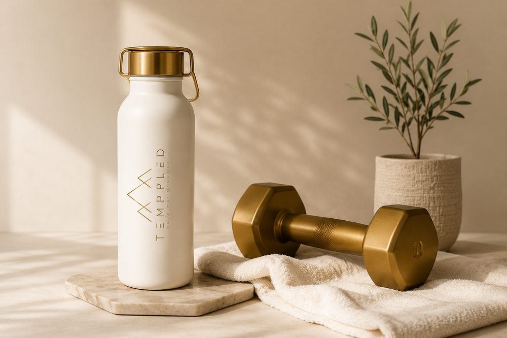 Templed water bottle and gold dumbbell still life