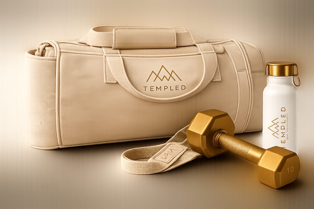 Templed gym bag, water bottle, and gold dumbbell