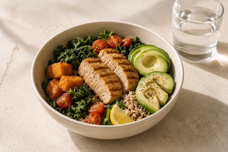 Healthy bowl with chicken and avocado